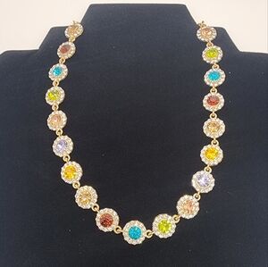 Multicolored Rhinestone Necklace Sparkly Flower Gold Color Costume Jewerly
